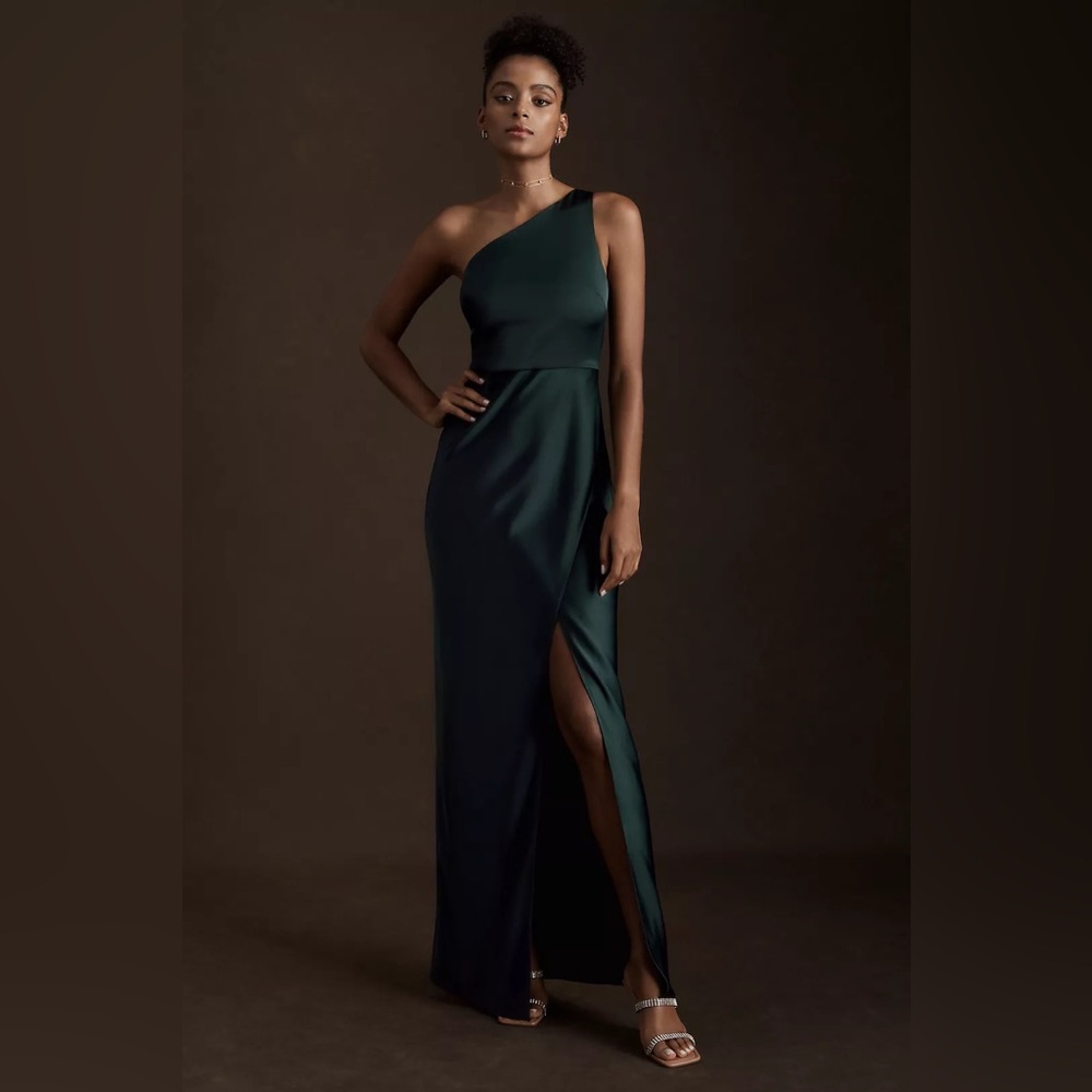 BHLDN Dylan One-Shoulder Satin Side-Slit Gown (dark emerald, 8)